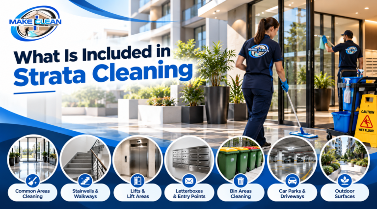 Make Clean Services professional strata cleaning in Sydney, including common areas, stairwells, lifts, bin areas, car parks and outdoor spaces.